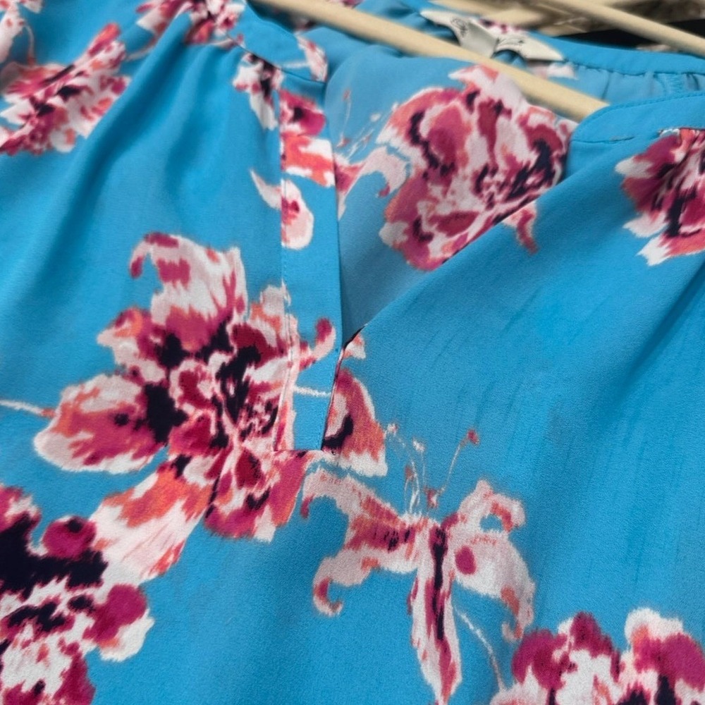 The Pioneer Woman Floral Tunic Blouse Blue Pink V-Neck Large 912P980PW